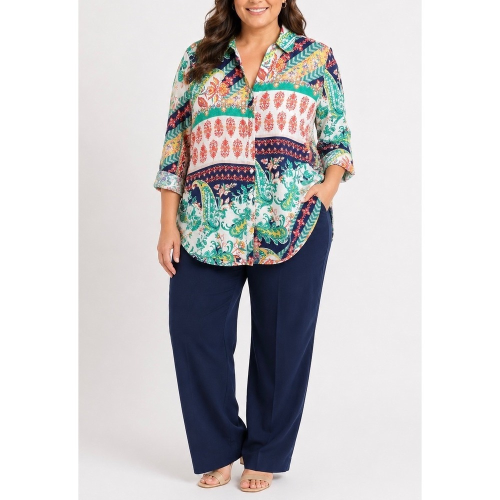 Chico's No Iron Button Front Shirt Women 3 XL Multi Color Paisley Patchwork Boho